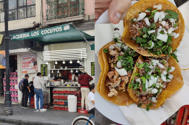 Day one exploring Mexico City and Ben came across a corn fair at Plaza de la Constitucion ,also known as Zócalo. Amongst the music and dancing were food stands selling incredible food and local crafts. Ben picked up these chorizo tacos, topped with fresh guacamole and onion garnish. What a start to the taco tour. Top marks here for the crispy chorizo that was fried fresh on a hotplate while Ben waited.
